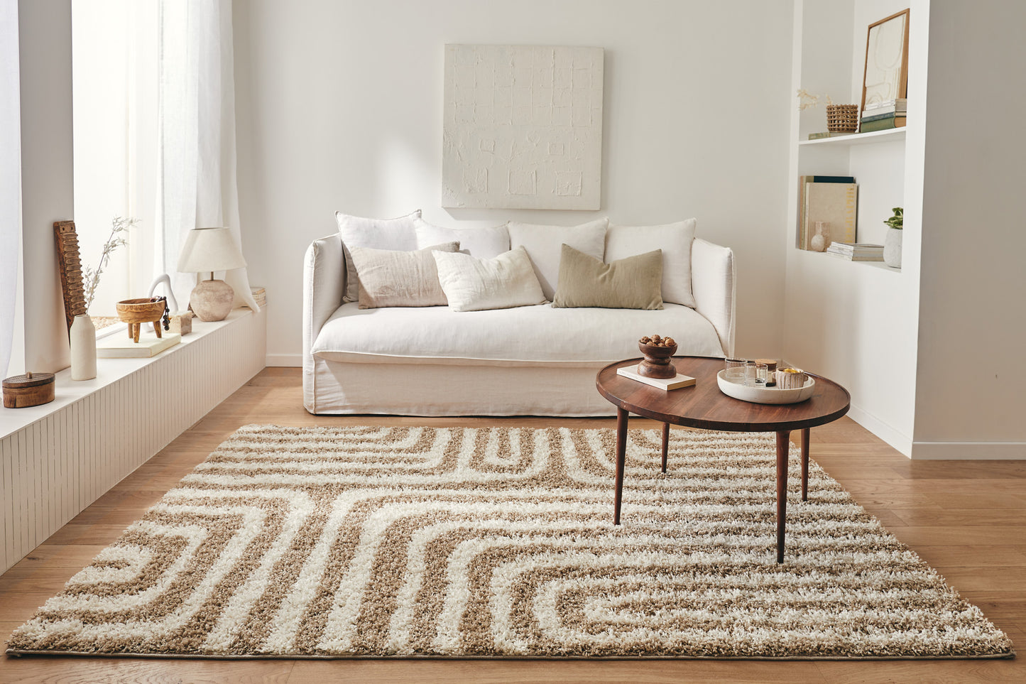 Tapis shaggy à poils long motif géométrique beige : OLY1067BEI OLYMPE