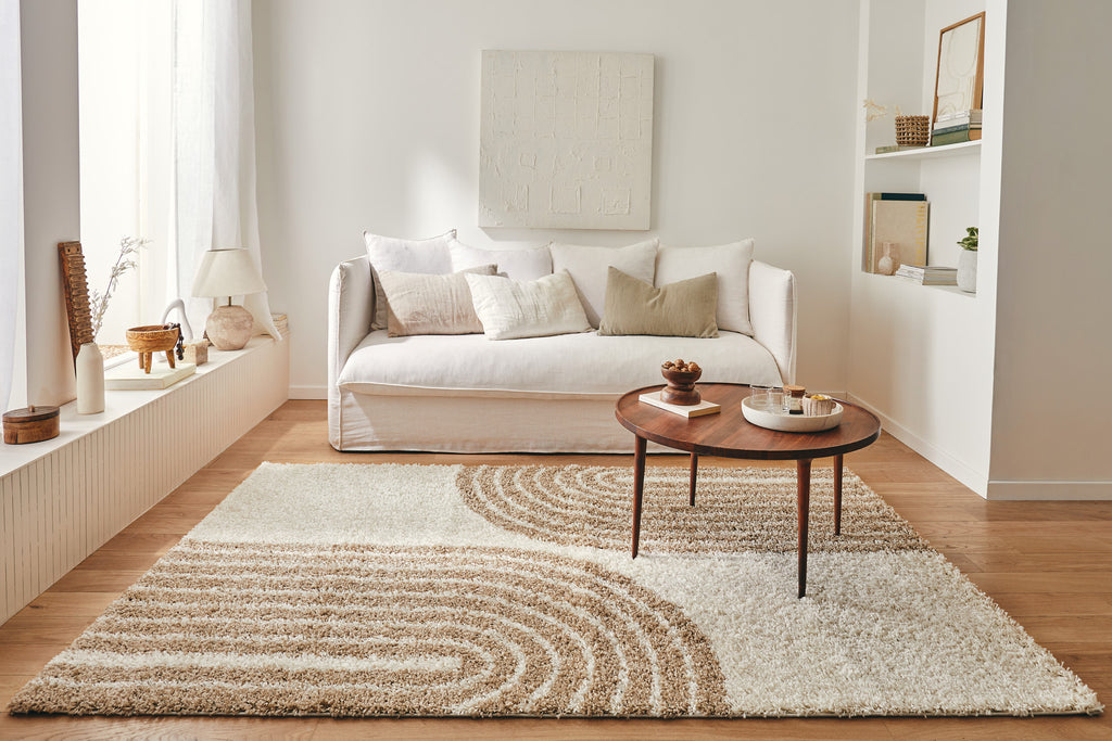Tapis shaggy à poils long motif demi arc beige : OLY1069BEI OLYMPE