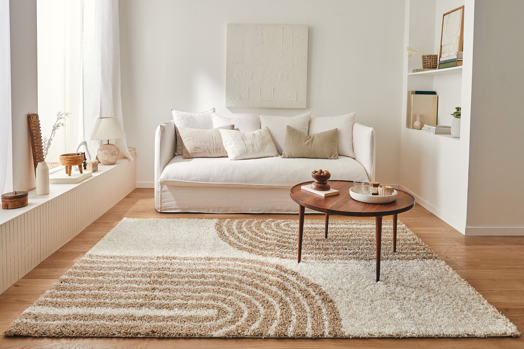 Tapis shaggy à poils long motif demi arc beige : OLY1069BEI OLYMPE