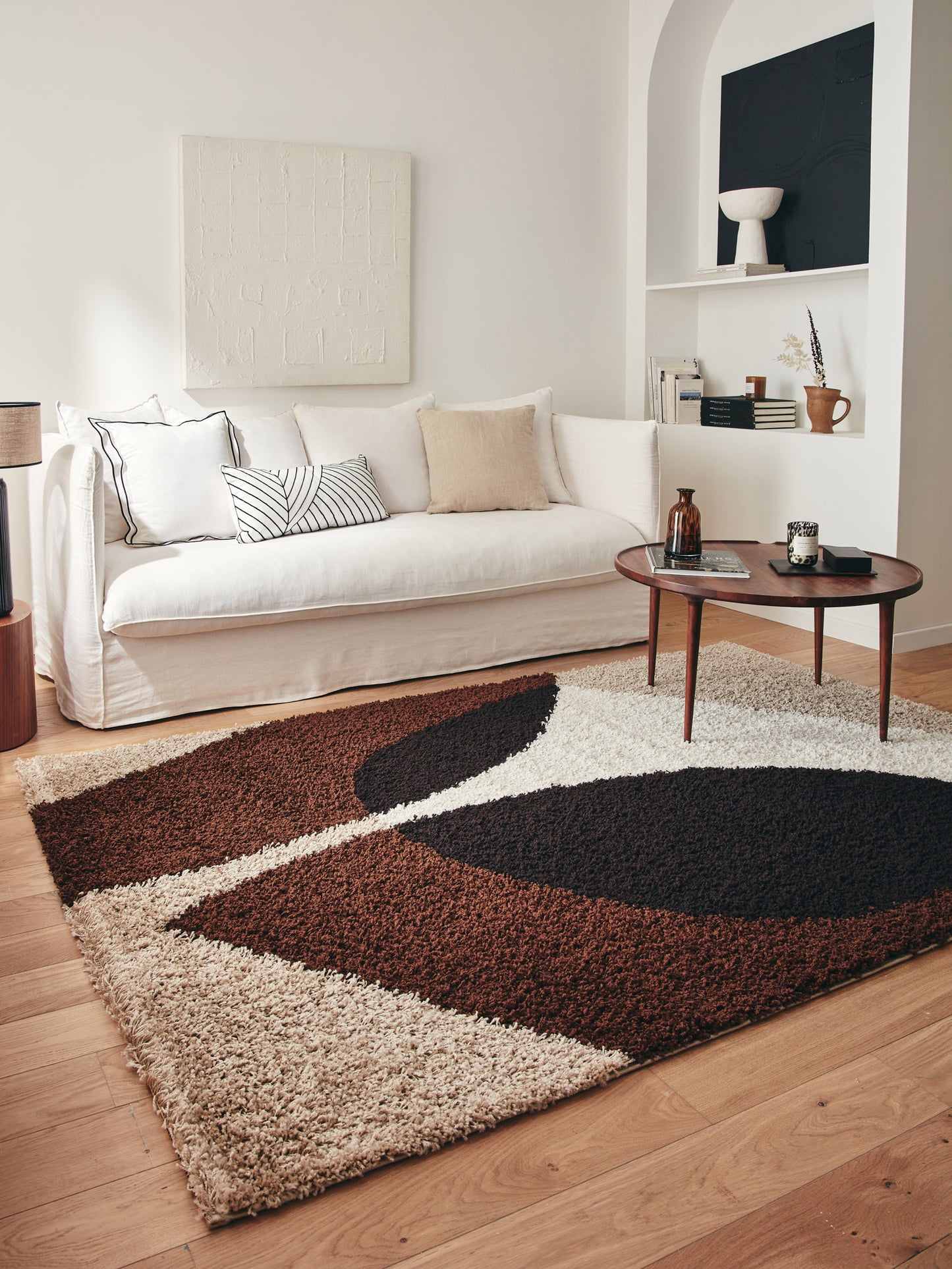 Tapis shaggy à poils long motif abstrait de couleur marron, beige, café et crème : PAL1061MAR PALERME