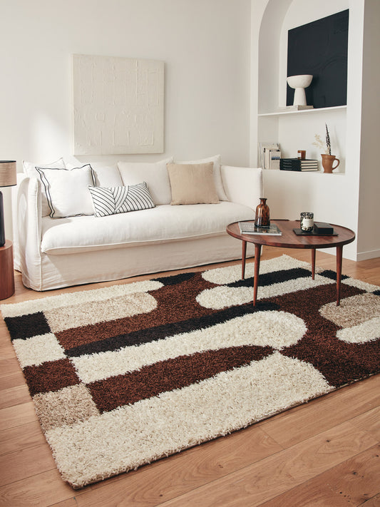 Tapis shaggy à poils long motif graphique de couleur marron, beige, café et crème : PAL1061MAR PALERME