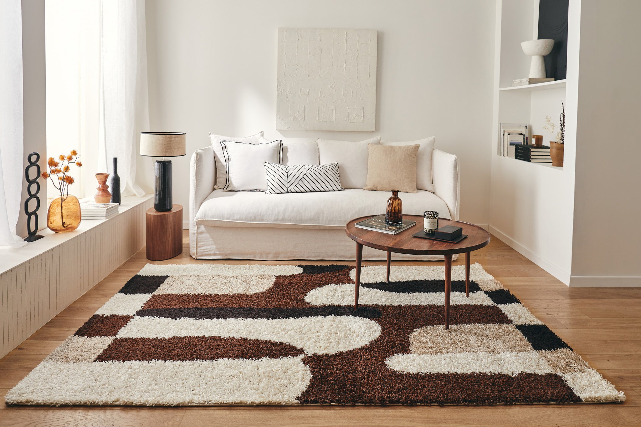 Tapis shaggy à poils long motif graphique de couleur marron, beige, café et crème : PAL1061MAR PALERME