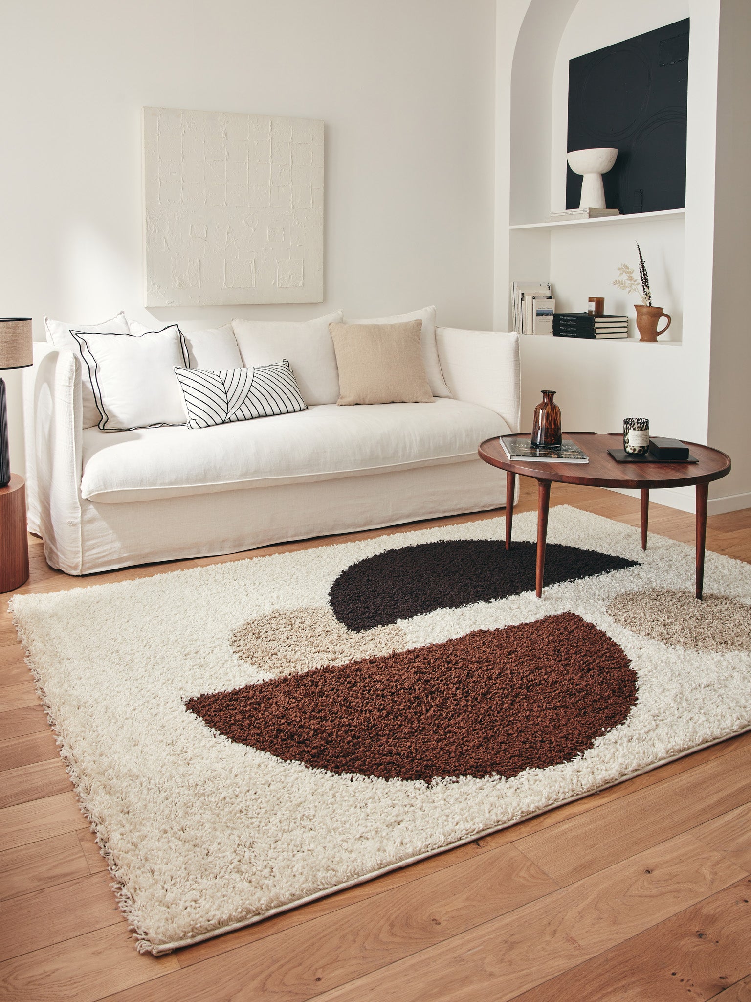 Tapis shaggy à poils long motif géométrique de couleur marron, beige, café et crème : PAL1061MAR PALERME
