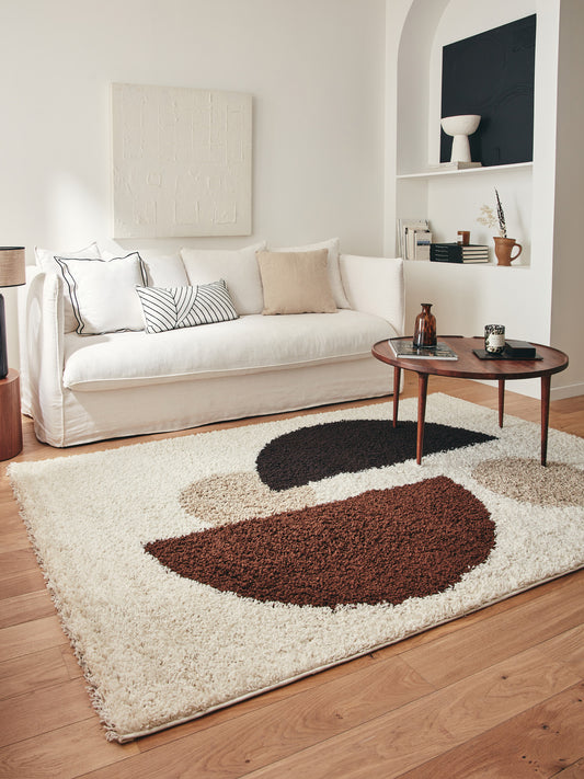 Tapis shaggy à poils long motif géométrique de couleur marron, beige, café et crème : PAL1061MAR PALERME