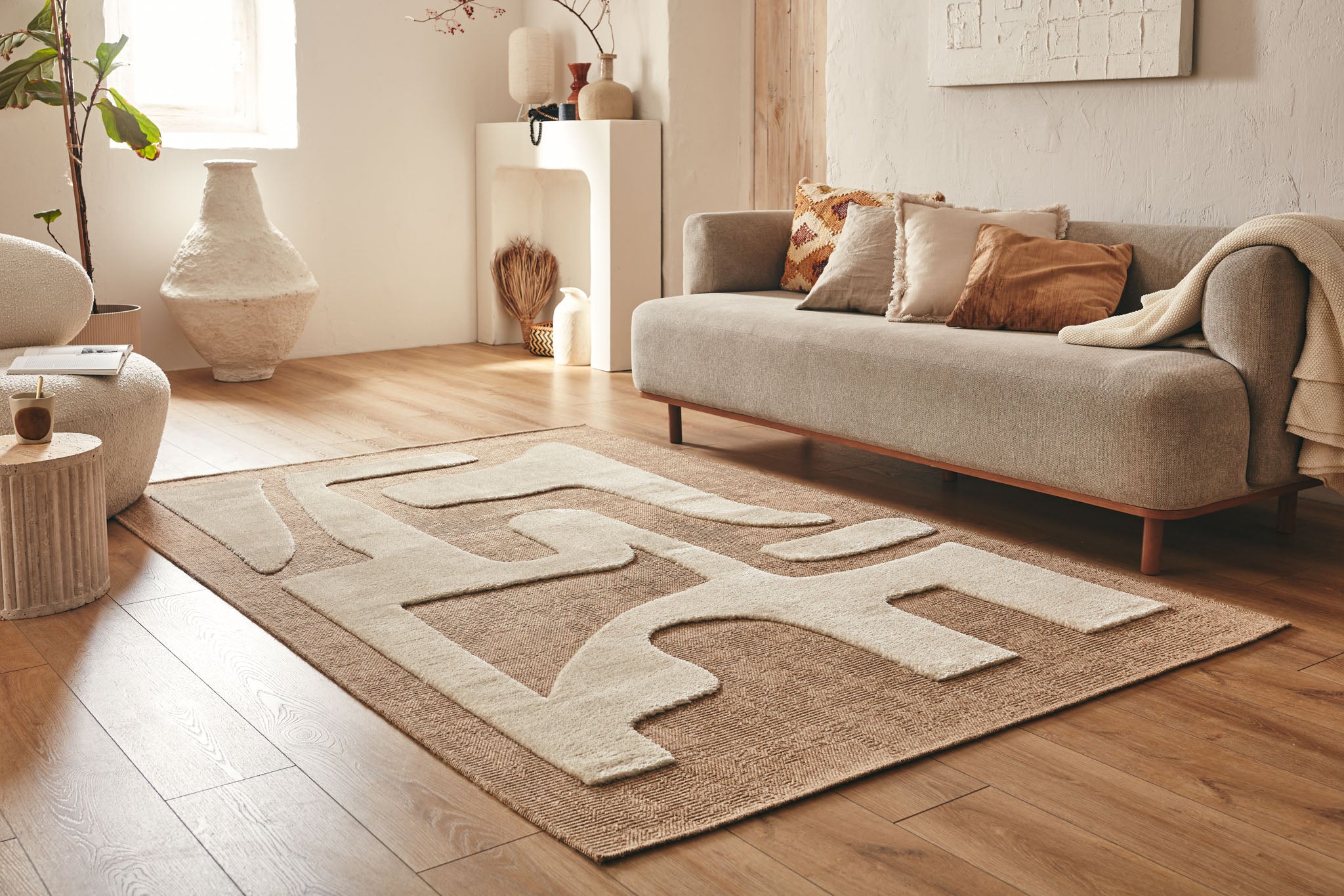 Tapis rustique avec motif en relief beige : PAL9491BLA PALMA