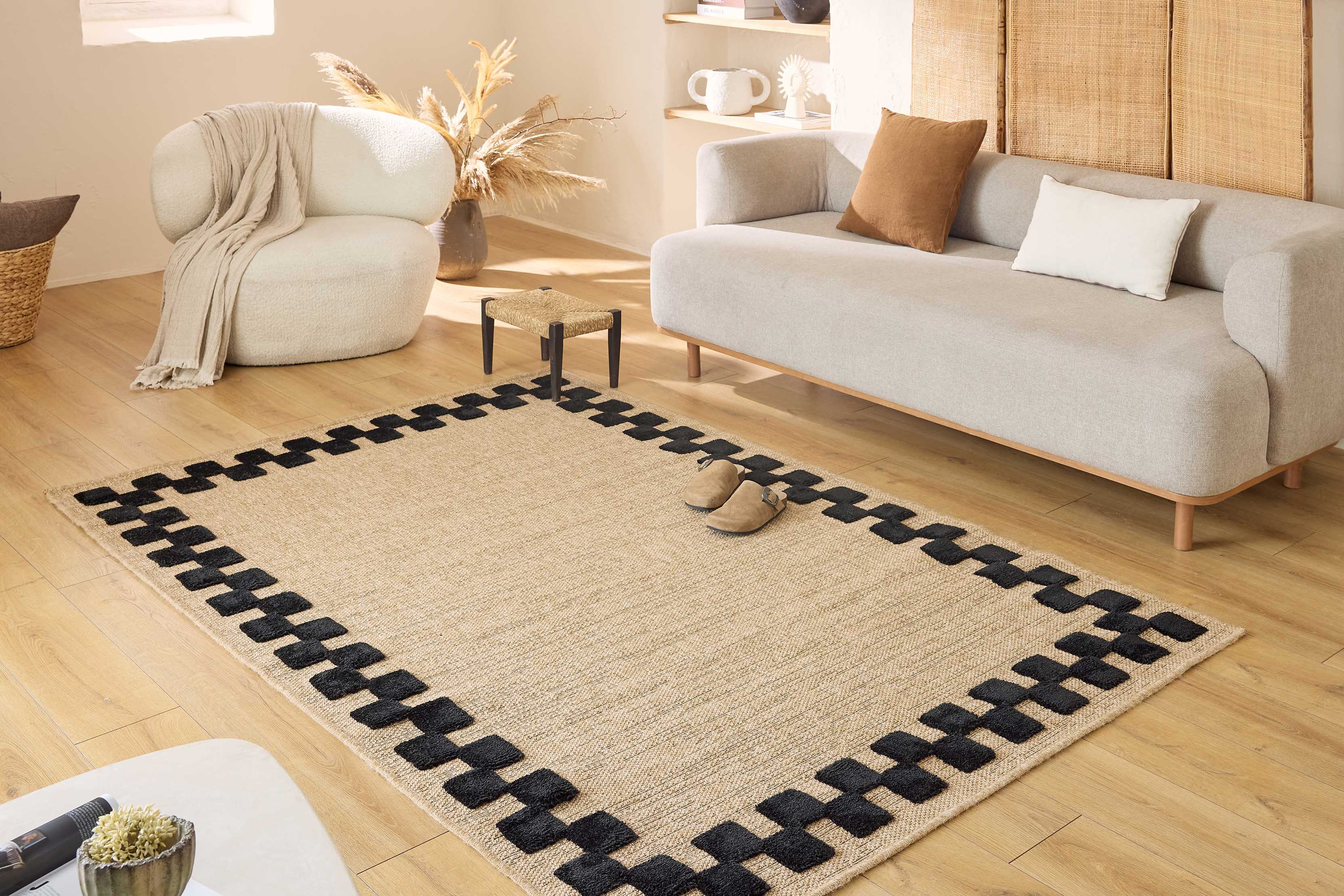 Tapis aspect jute motif abstrait doux  : PAL9489BLA (Copie) PALMA