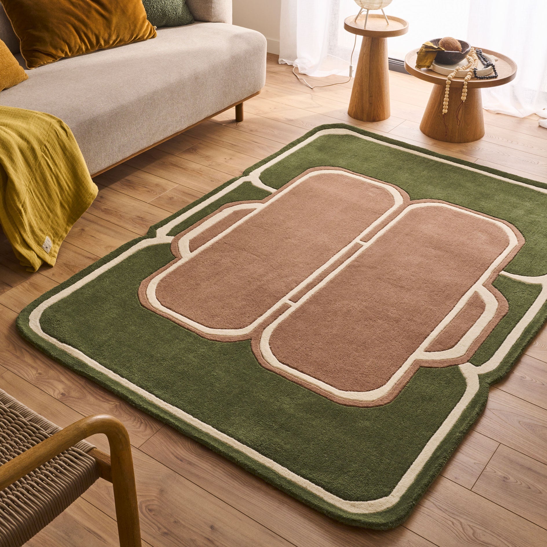 Cèdre blanc – Tapis en laine vert et marron Cèdre blanc