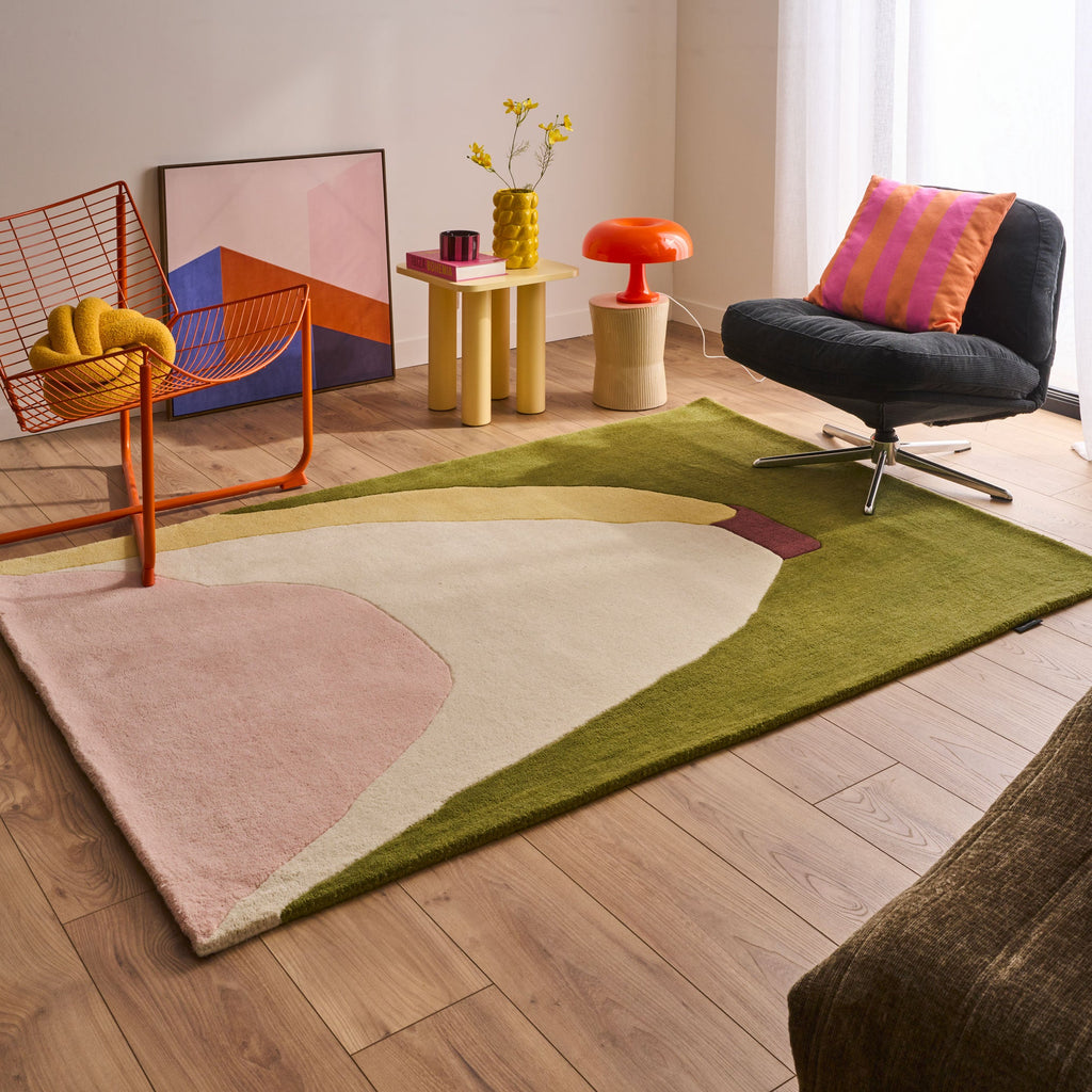 Nuage sucré – Tapis en laine multicolore vert et rose Nuage sucré