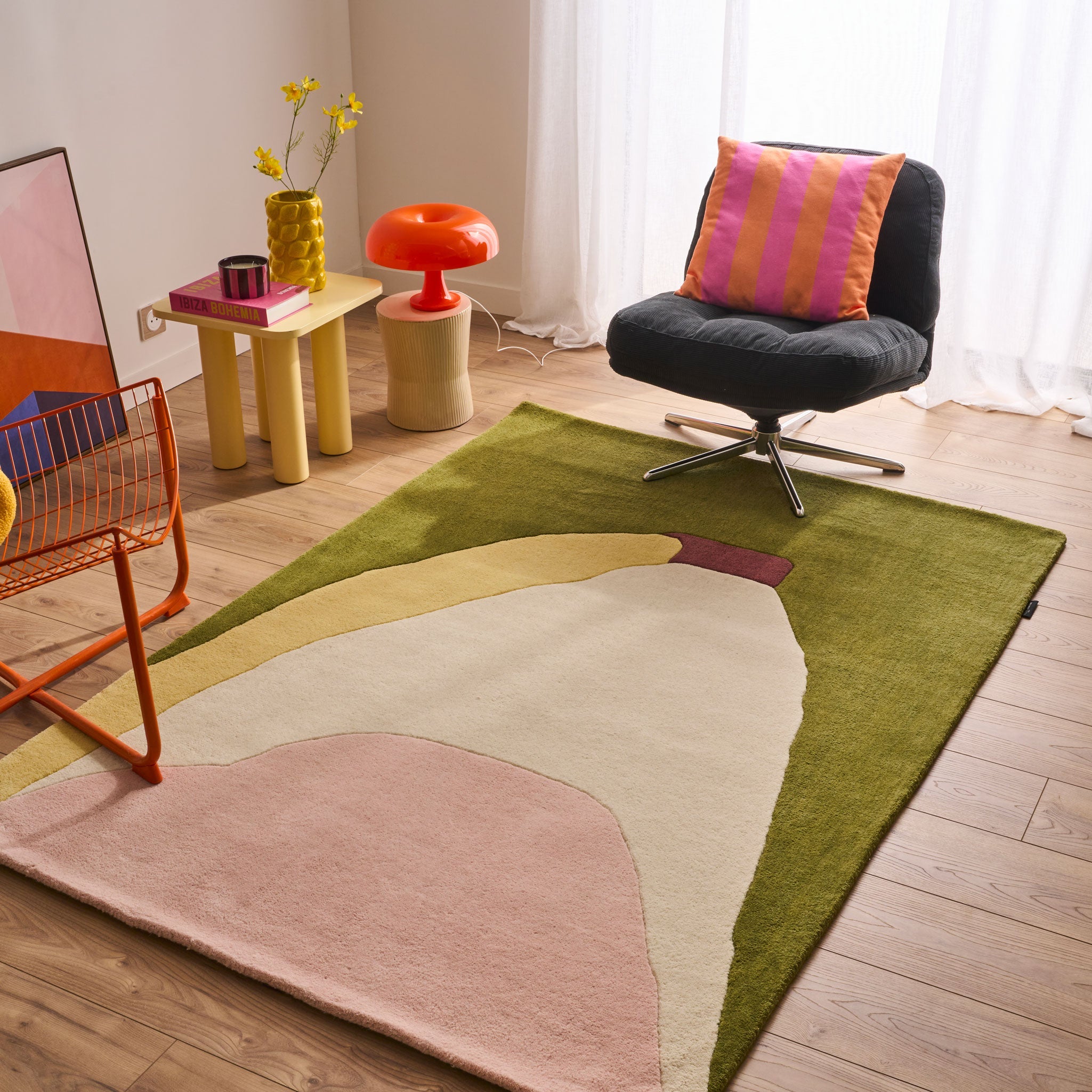 Nuage sucré – Tapis en laine multicolore vert et rose Nuage sucré