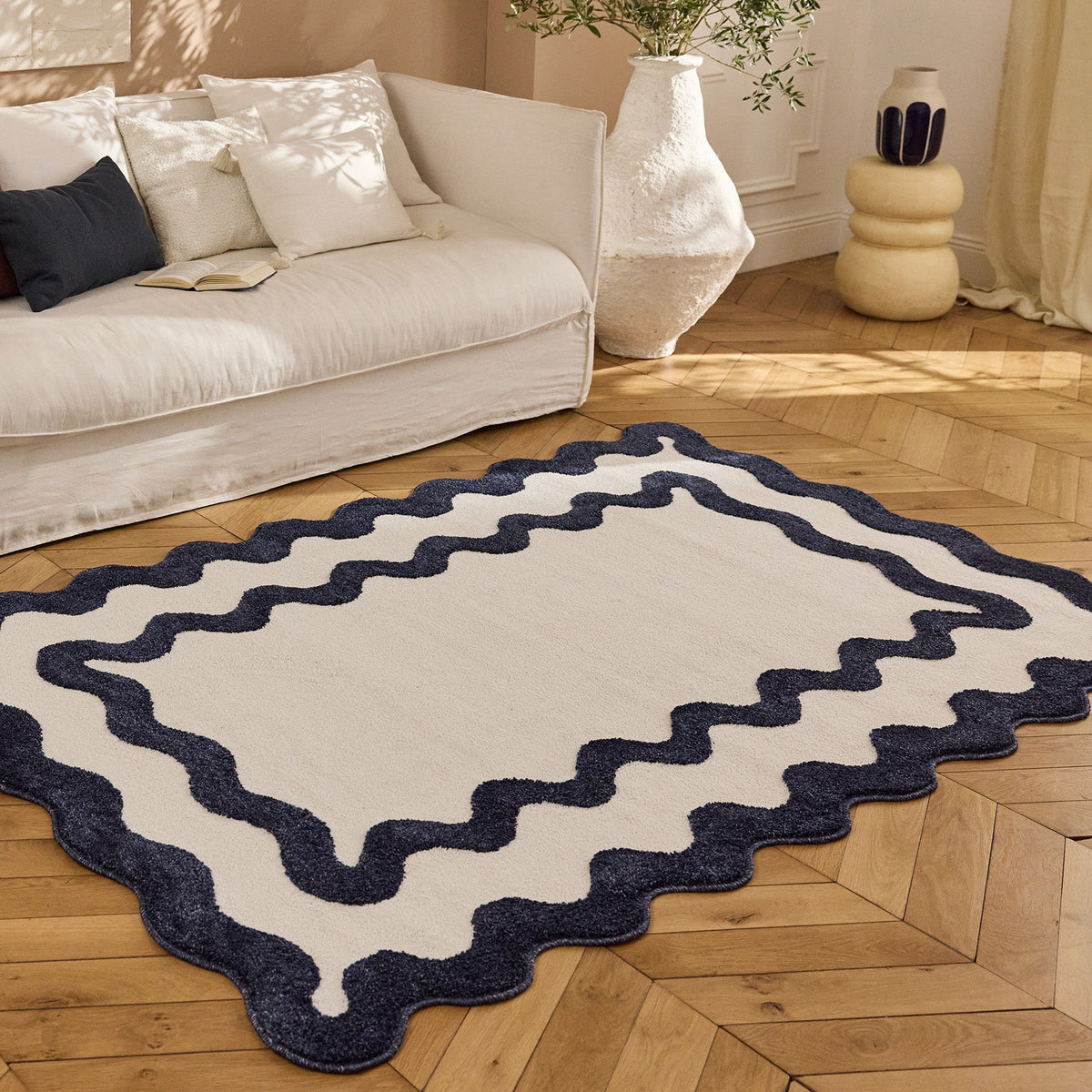 TERRA DEL SOL - Tapis intérieur bleu et écru à bords ondulés - TDS1040BLE Nazar rugs