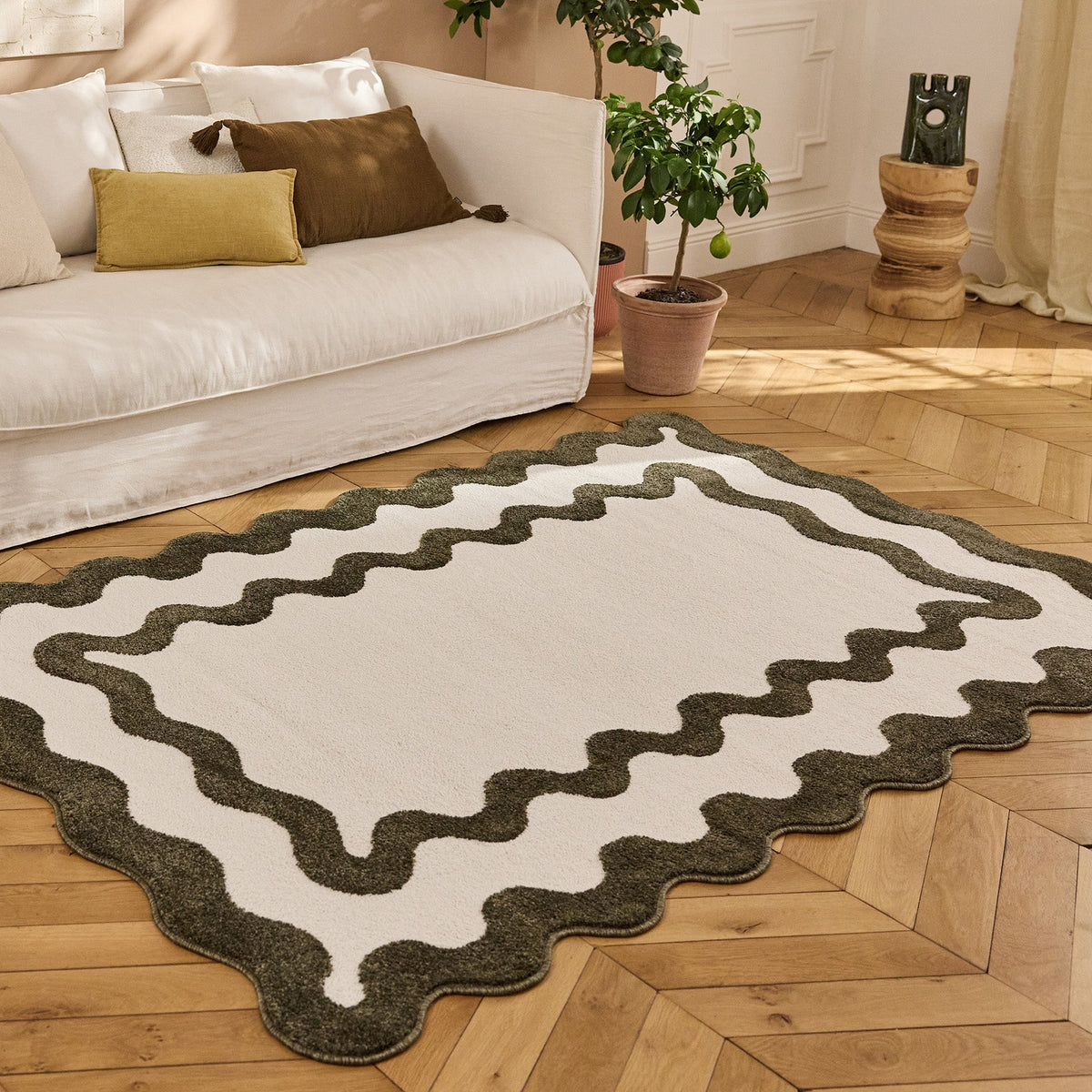 TERRA DEL SOL - Tapis intérieur vert et écru à bords ondulés - TDS1040VER Nazar rugs