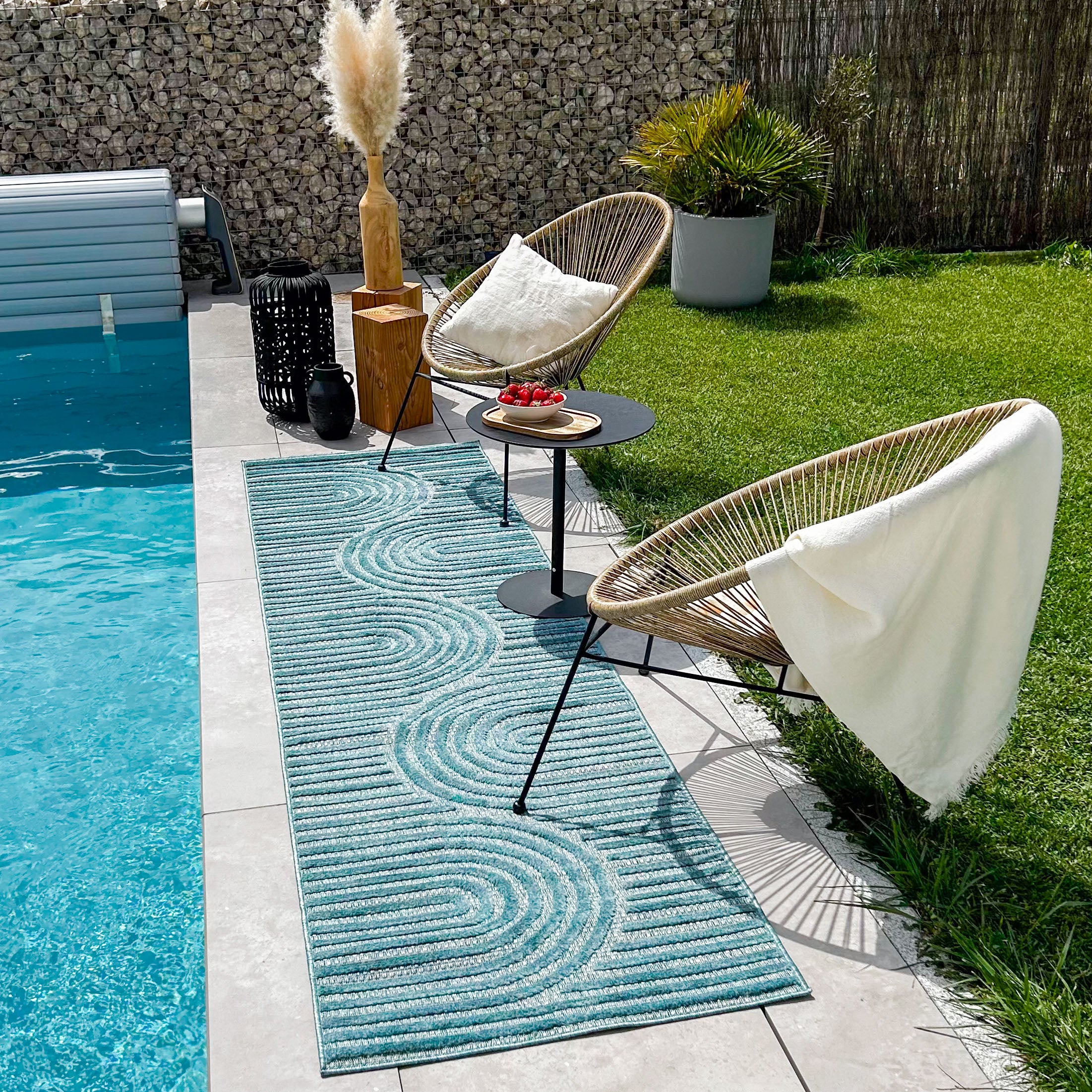 Tapis d'intérieur et extérieur motifs arcs symétriques SANTORINI 986 TURQUOISE : SAN986TUR Nazar rugs