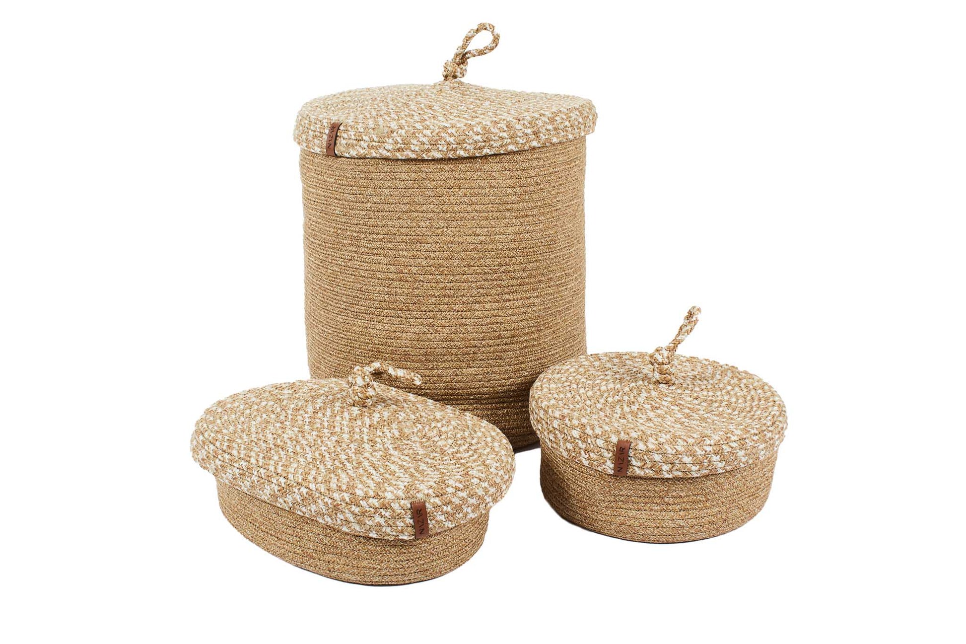 Paniers de rangement beige aspect jute fait main à motif blanc : CAL4301BEI - Nazar rugs