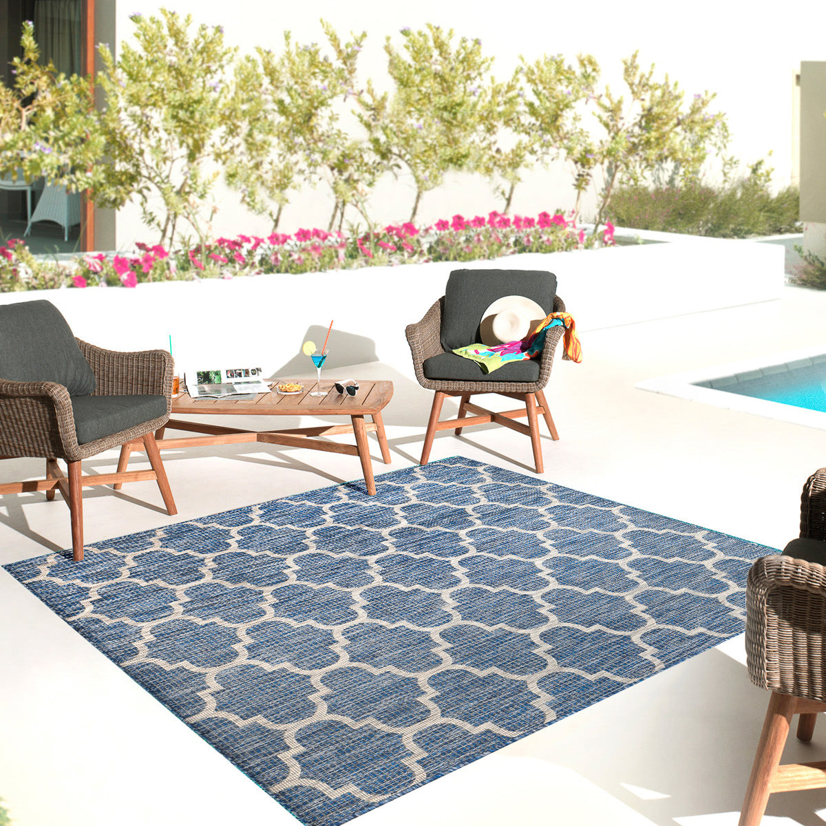 Tapis d'extérieur bleu et blanc carré : MOA634BLE - Nazar rugs