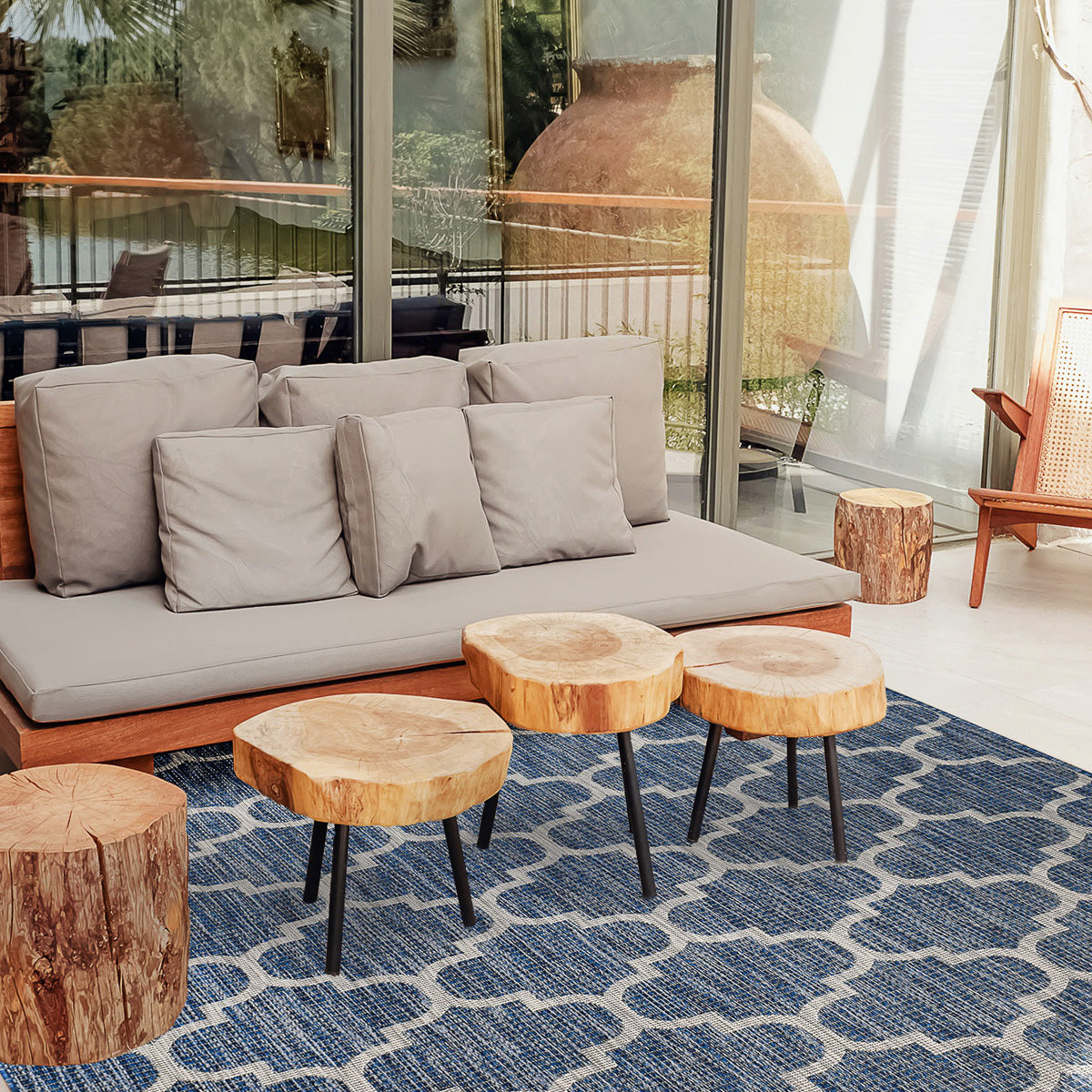 Tapis d'extérieur bleu et blanc carré : MOA634BLE - Nazar rugs