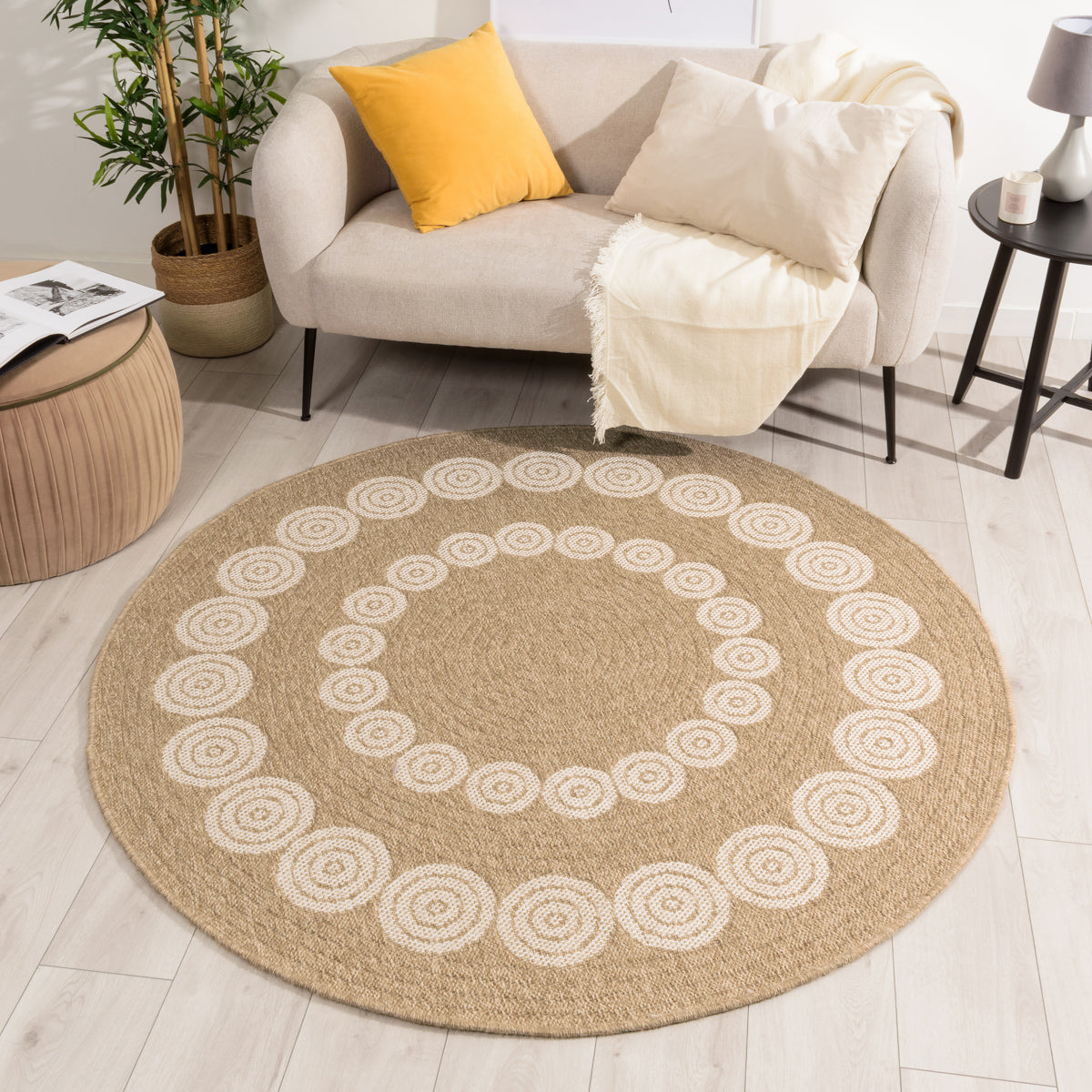 Tapis effet toile de jute à motif  blanc géométrique rond : NAT8868BLA - Nazar rugs