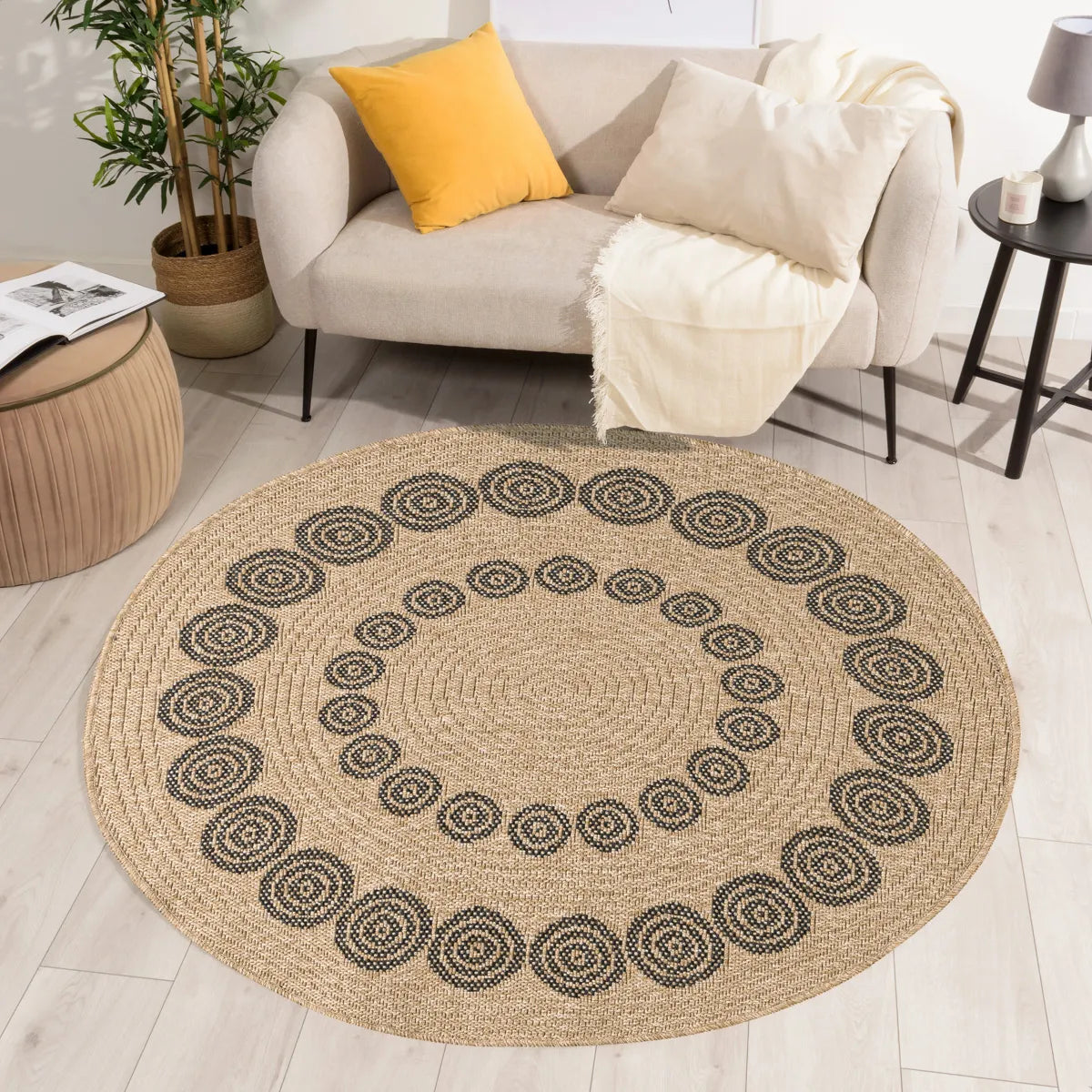 Tapis jute motifs noir rond : NAT8868NOI - Nazar rugs