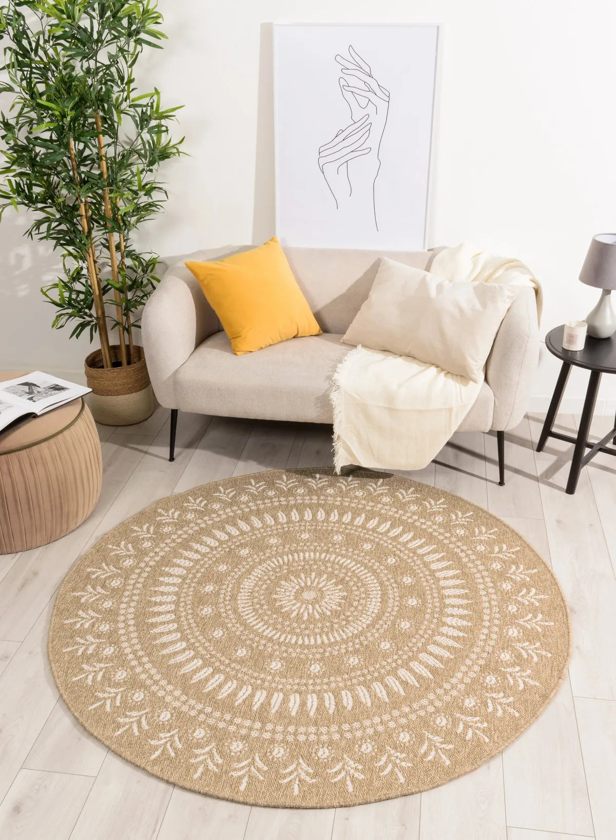 Tapis effet jute naturel à motifs orientaux blancs ronds : NAT8874BLA - Nazar rugs