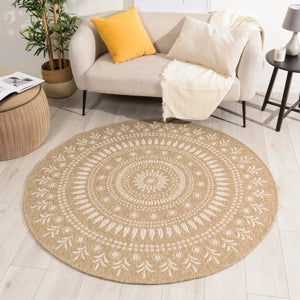 Tapis effet jute naturel à motifs orientaux blancs ronds : NAT8874BLA - Nazar rugs