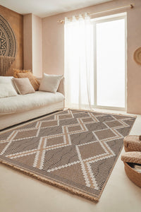 Tapis à poils courts motifs géométriques aspect jute naturel : TUL9048NOI
