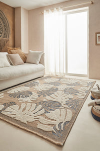 TULUM - tapis de salon - intérieur et extérieur bleu - aspect jute  motifs feuilles  : TUL9062BLE - Nazar rugs