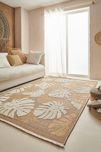 TULUM - tapis de salon - intérieur et extérieur jaune - aspect jute  motifs feuilles - TUL9062JAU - Nazar rugs