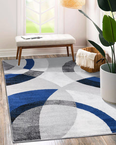 Tapis salon motif graphique bleu Nazar rugs