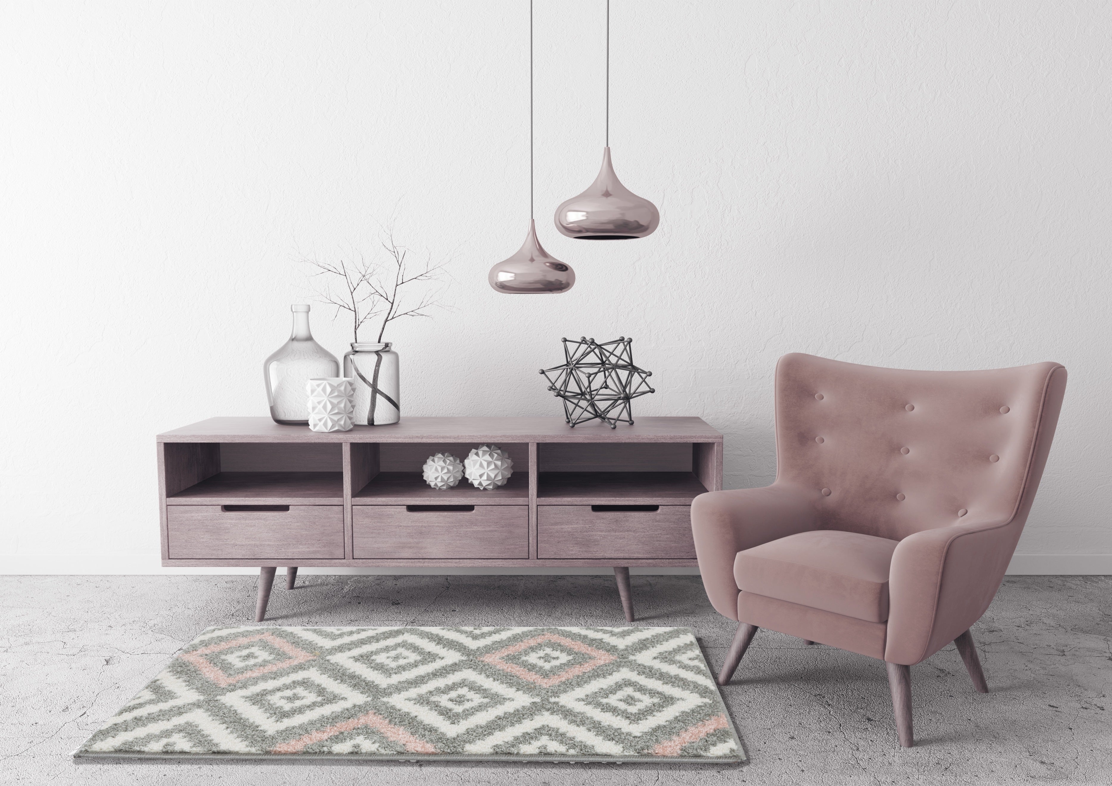 tapis de salon en laine artificielle motif graphique rose et gris Nazar rugs