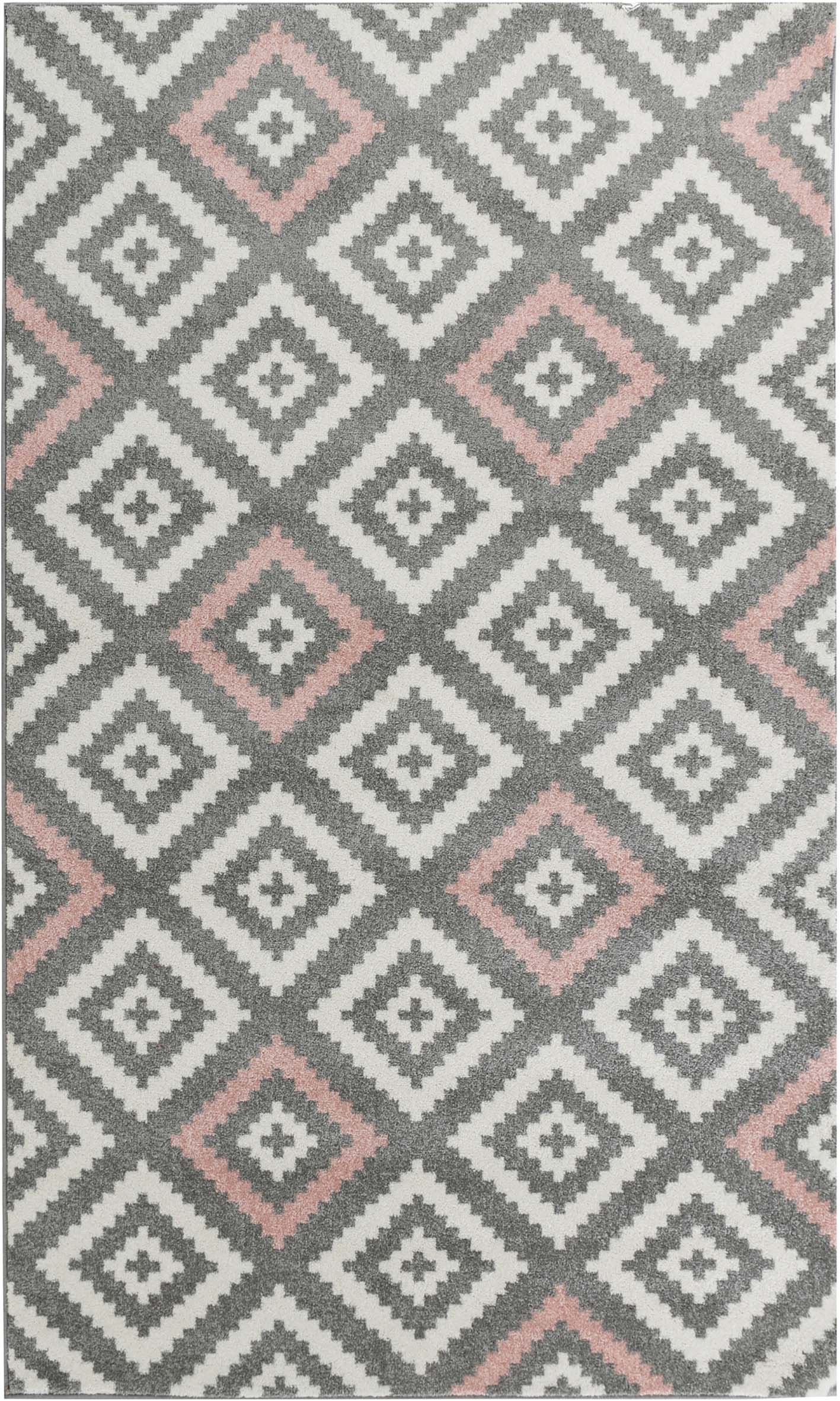 tapis de salon en laine artificielle motif graphique rose et gris Nazar rugs